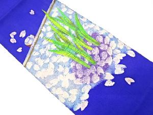 手織り紬　手描き　草葉に花弁散らし模様名古屋帯